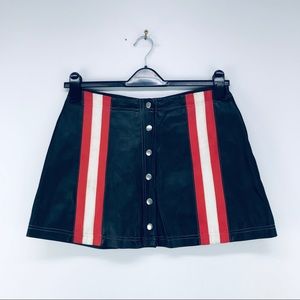 Moda 11/12 Faux Leather Mini Skirt Button Up Stripe Black Red Y2K